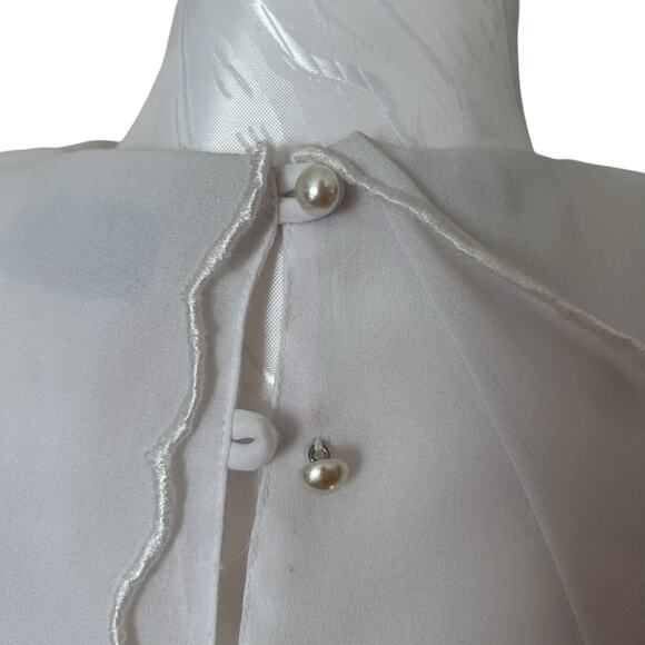 Vintage 80s White Blue Sheer Belted Dress Womens Sz Small Lace Collar Coquette - Picture 13 of 16